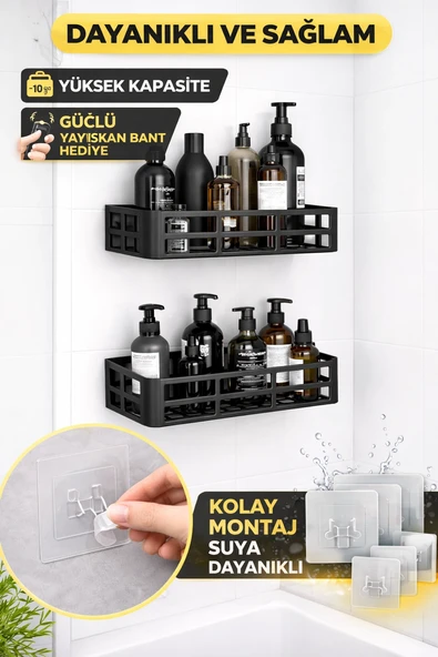 Duş İçi Yapışkanlı Banyo Rafı 2’li Set Delme Yok Güçlü Yapışkan Bantlı Organizer ürün görseli 1