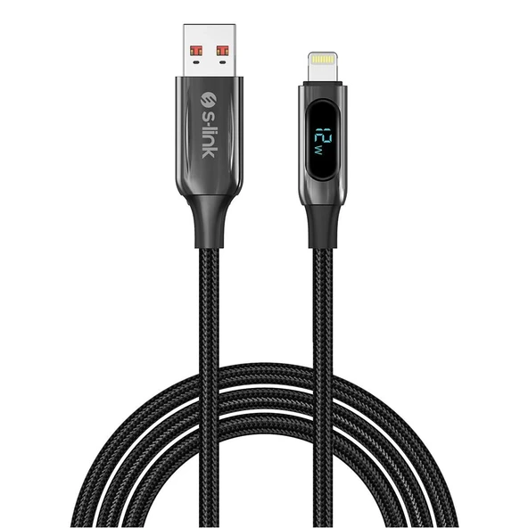 S-link Armor LED UL-012 12W 1m USB to Lightning PD Örgülü LED Başlıklı Siyah Hızlı Şarj Kablosu ürün görseli 1