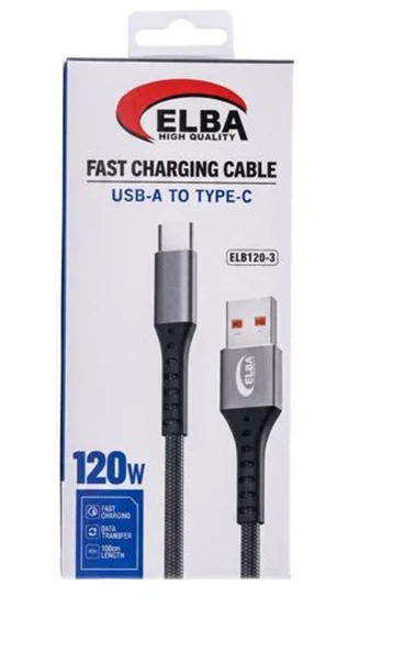 Elba Elb120-3 120w   USBC Type-c To Usb 1Mt Siyah Örgülü  Şarj Kablosu ( Data Veri ) ürün görseli 1