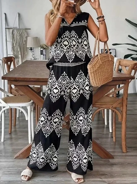 Kadın Askılı V Yakalı Desenli Bluz Ve Pantolon Süprem Ikili Takım ürün görseli 1