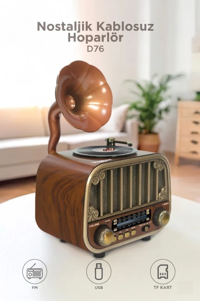 Bluetooh Hoparlör Nostaljik Radyo AUX USB TF Destekli Speaker D76 Ahşap ürün görseli 1