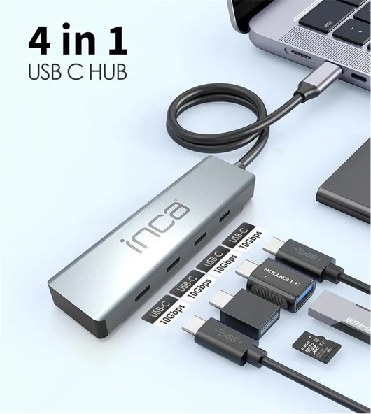 Inca ITPT-4TX 4 Port Type-C 3.1 Veri ile3.1 10 Gbps Type-C Çoklayıcı Kablo uzunluğu 15cm ürün görseli 1