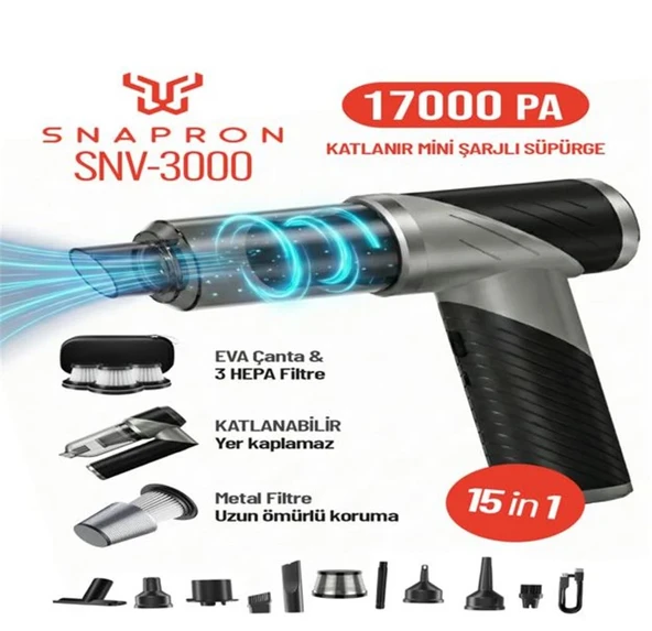 Snapron SNV-3000 17000PA 2000Mah 15in1 Güçlü Vakum Ve Üflemeli Şarjlı Katlanabilir Araç Süpürgesi ürün görseli 1