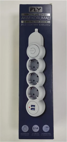 Fly 3393-01 3lü 2mt 2.1A Anahtarlı 2Usb Şarj Çıkışlı Akım Korumalı 2500w ürün görseli 1