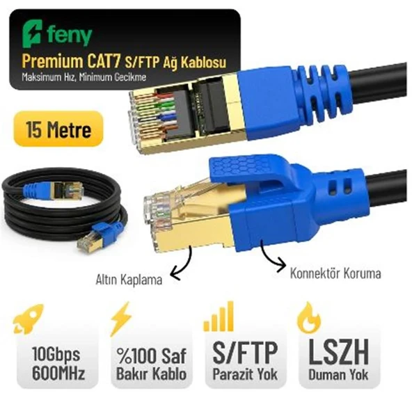 Feny FN-CAT7LS15 10GBPS İnternet 60MHZ 15 Metre CAT7 Gold Patch Kablo (Yanmaz- yüzde 100 Saf Bakır) ürün görseli 1