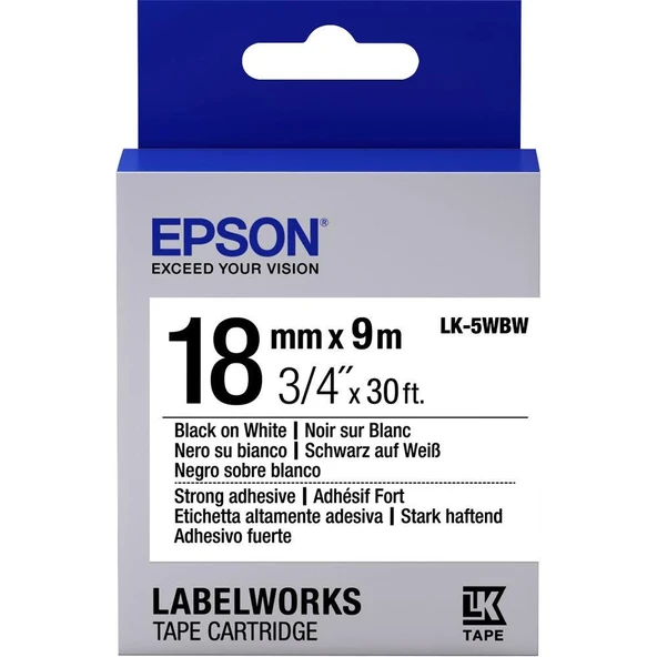 Epson LK-5WBW Güçlü Yapışkanlı Beyaz Üzeri Siyah 18mm 9Metre Etiket ürün görseli 1