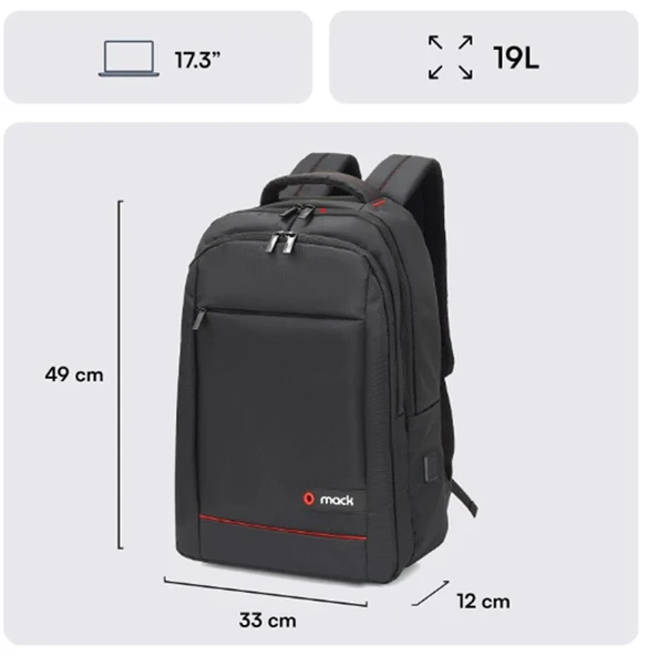 Mack MCC-007 17.3" Office USB Girişli Notebook Sırt Çantası Siyah (Dahili USB Şarj Portu) ürün görseli 1