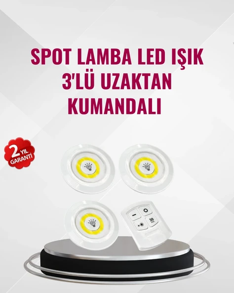 Nevamel 3 Lü Pilli Kablosuz Led Spot Lamba Seti Kumandalı Kolay Montaj Aydınlatma ürün görseli 1
