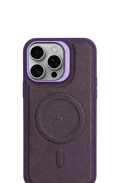 iPhone 13 GripStand MagSafe Deri Kılıf Mor - Resim 3