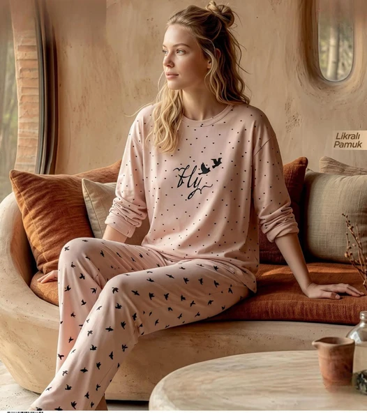 Pijamoni Kadın Likralı Pamuklu Bisiklet Yaka Uzun Kol İnce Pijama Takımı 1300/6 - 1 Adet  2XL Pudra ürün görseli 1