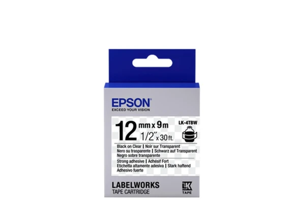 Epson LK-4TBW Güçlü Yapışkanlı Şeffaf Üzeri Siyah 12mm 9Metre Etiket ürün görseli 1