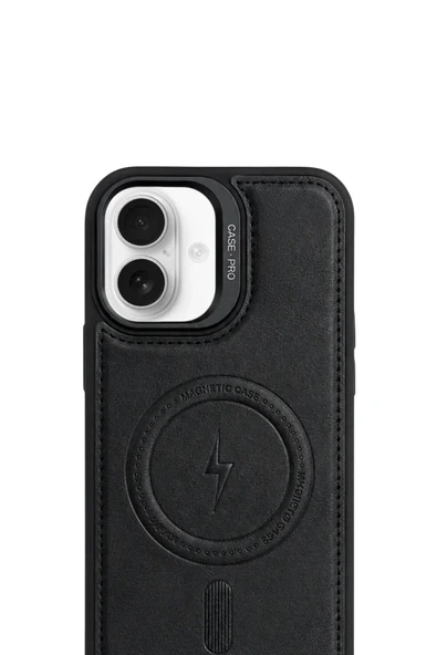 iPhone 16 GripStand MagSafe Deri Kılıf Siyah - Resim 3