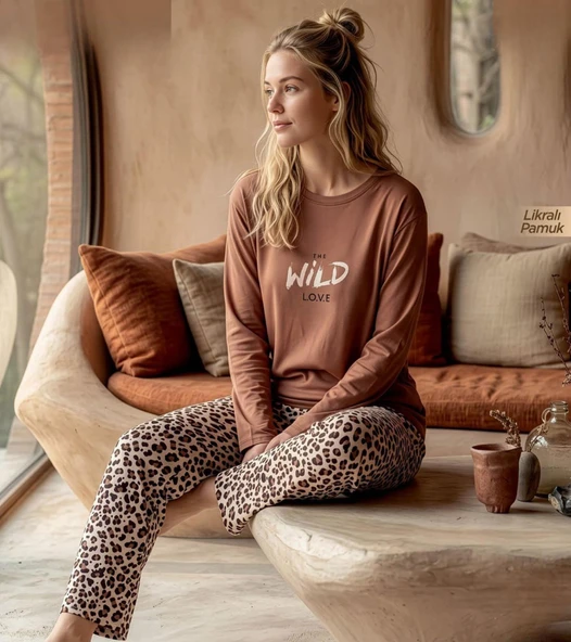 Pijamoni Kadın Likralı Pamuklu Bisiklet Yaka Uzun Kol İnce Pijama Takımı 1300/4 - 1 Adet  2XL Kahverengi ürün görseli 1