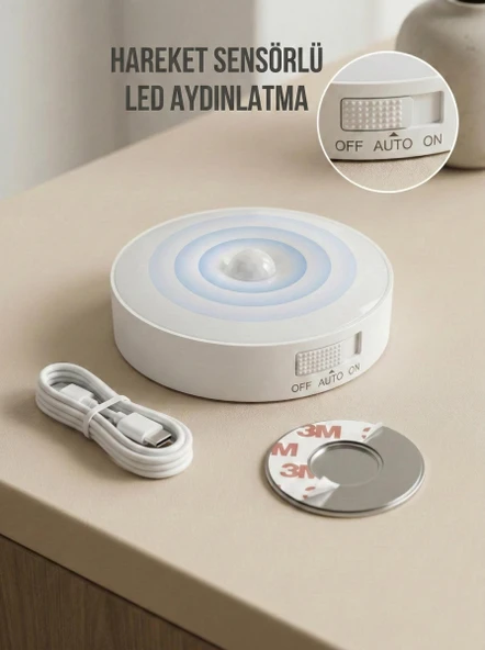 Hareket Sensörlü Yuvarlak LED Aydınlatma & USB Şarjlı Pratik Gece Lambası (8 cm) ürün görseli 1