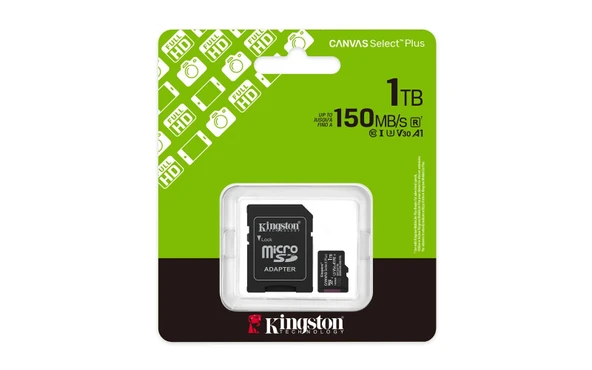 Kingston SDCS3-1TB 1TB microSDXC Canvas Select Plus Gen3 150MB-s A1 Card + Adapter Hafıza Kartı ürün görseli 1