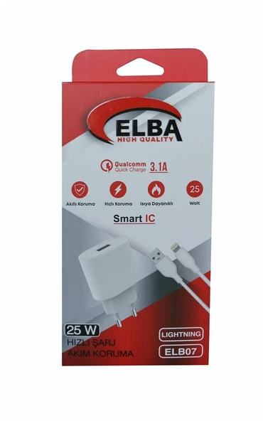 Elba ELB07-USB-25WIOS Beyaz 25W Usb Ev Şarj Kafa+ Usb 1mt Lightning Kablo QC4.0 Hızlı Şarj ürün görseli 1