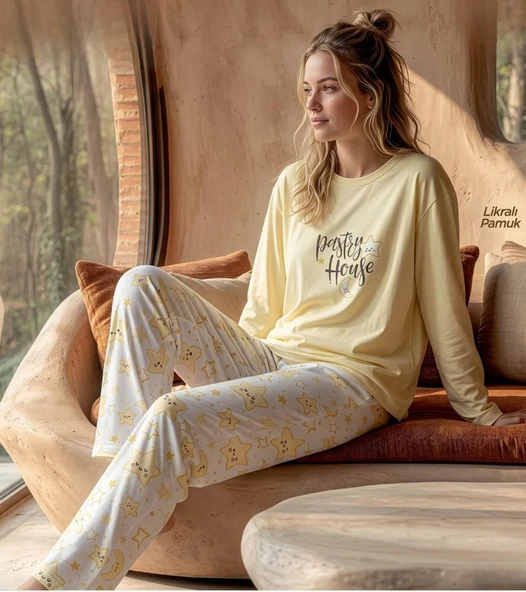 Pijamoni Kadın Likralı Pamuklu Bisiklet Yaka Uzun Kol İnce Pijama Takımı 1300/1 - 1 Adet  L Sarı ürün görseli 1