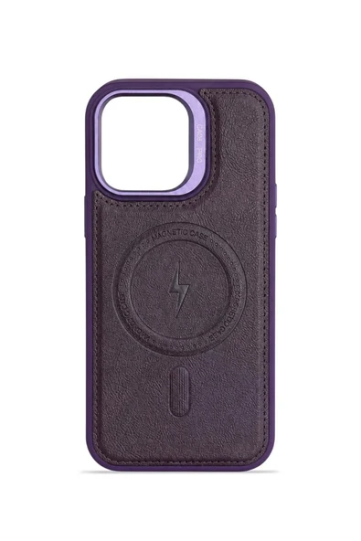iPhone 13 GripStand MagSafe Deri Kılıf Mor - Resim 4