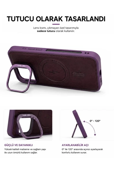 iPhone 13 GripStand MagSafe Deri Kılıf Mor - Resim 2
