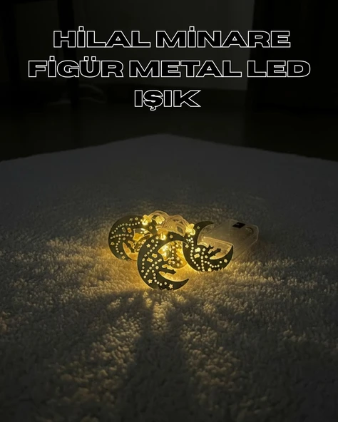Nevamel® Gold Renk Metal Minareli Hilal LED Işık Pilli Ramazan Süsü ürün görseli 1
