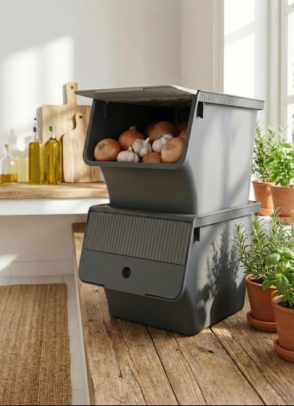 Füme 2'Li 33 LT Modubox Kayar Kapaklı Saklama Kabı & Patates Soğan Kovası & Erzak Kutusu ürün görseli 1