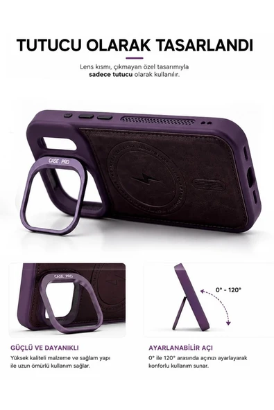 iPhone 17 Pro Max GripStand MagSafe Deri Kılıf Mor - Resim 2