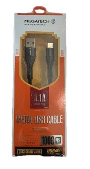 Megatech 3.1A A Örgülü Serisi Usb to Type-c 1mt  Data Kablosu Siyah ürün görseli 1