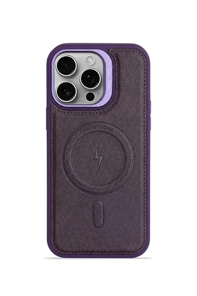 iPhone 15 Pro Max GripStand MagSafe Deri Kılıf Mor ürün görseli 1