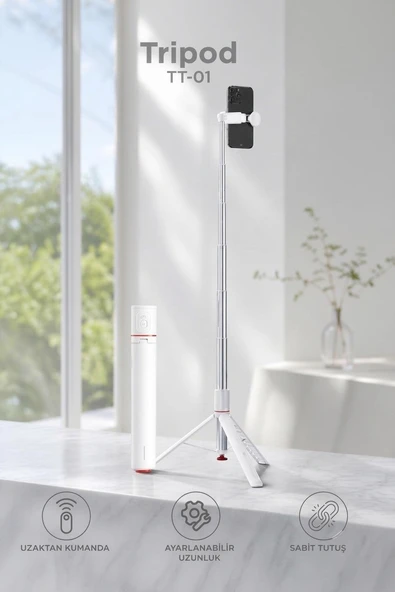 Tripod Çok Amaçlı Kumandalı 1.77M Selfie Çubuğu TT01 Beyaz ürün görseli 1