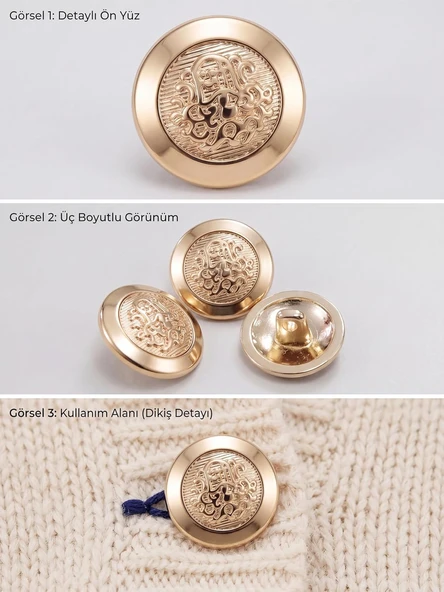 Metal Düğme, 26L Gold Kaplama, Ayaklı, Ceket Hırka Için Dekoratif Düğme ürün görseli 1