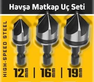 Genel 3 Parça Havşa Matkap Ucu Seti, Çelik, 12Mm-16Mm-19Mm, Phillips Başlı Vidalar Için, Standart Yüzey ürün görseli 1