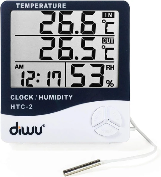 Diwu Htc-2 Problu Termometre Nem Ölçer Saat Takvim ürün görseli 1