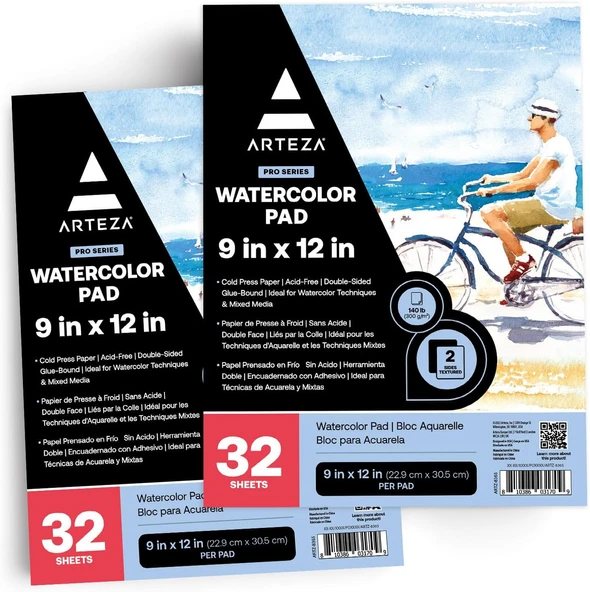 Arteza Suluboya Kağıt Pedi, 9X12 Inç, 2'Li Paket (Her Biri 32 Yaprak), Soğuk Preslenmiş Suluboya Eskiz Defteri, 150 Lb/300Gsm Asitsiz Suluboya Kağıdı, Suluboya Karışık Teknik Çizim Için Sanat ürün görseli 1