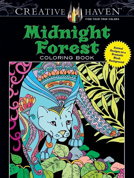 Creative Haven Midnight Forest Coloring Book: Animal Designs On A Dramatic Black Background ürün görseli 1