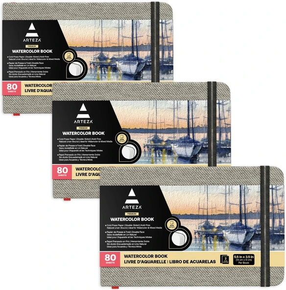 Arteza 3,5 X 5,5 Inç Suluboya Kitap, 3'Lü Paket, Küçük Cep Pedleri, Günlük Başına 80 Sayfa, 110 Lbs/230Gsm, İç Cepli Elastik Kayışlı, Suluboya Teknikleri Karışık Teknik Sanat Malzemeleri ürün görseli 1