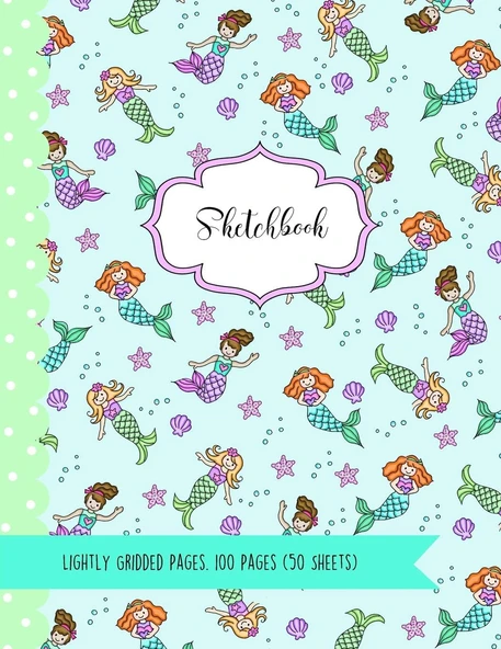 Sketchbook: Cute Mermaid Kawaii Sketchbook For Girls (Blue): 100 Pages (50 Sheets) Of 8.5"X11" Lightly Gridded Paper For Drawing, Doodling Or Sketching (Sketchbooks For Kids) ürün görseli 1