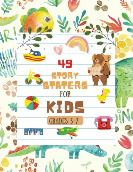 Story Starters For Boys: Creative Writing Prompts | 8.5 X 11 In | 49 Story Pages | Creativity Gift For Kids | Hand Drawn Seamless Pattern With Dinosaurs And Floral Elements Cover ürün görseli 1