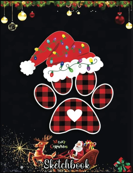 Christmas Sketch Book: Buffalo Plaid Christmas Paw Dog With Santa Hat & Lights Gift, 120 Pages Help You Your Ideas Size 8.5 X 11 Inches Sketchbook ürün görseli 1