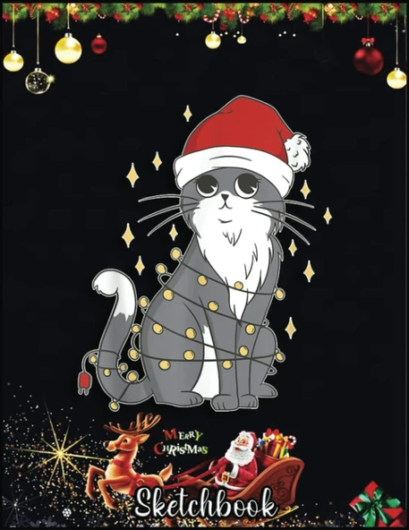 Christmas Sketch Book: Cat Christmas Hat Christmas Lights Cute Cat Christmas, 120 Pages Help You Your Ideas Size 8.5 X 11 Inches Sketchbook ürün görseli 1