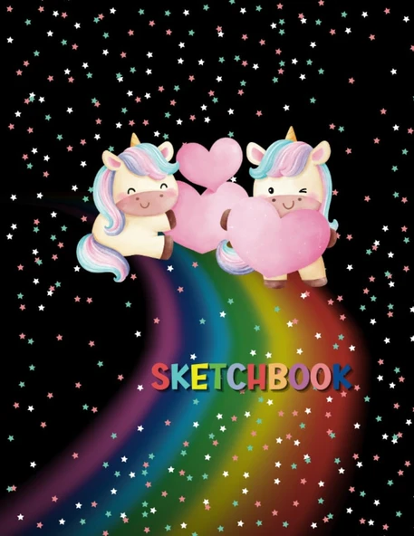 Cute Unicorn Sketchbook : 120 Blank Pages For Drawing And Sketching, Black Cover And Two Unicorns On A Rainbow For Lovers ürün görseli 1