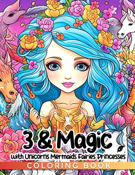 3 & Magic Birthday Coloring Book With Unicorns Mermaids Fairies Princesses: 40 Enchanting Coloring Pages Included In This Gift For 3-Year-Old Girls, ... A Delightful And Fun-Filled Birthday Present. ürün görseli 1