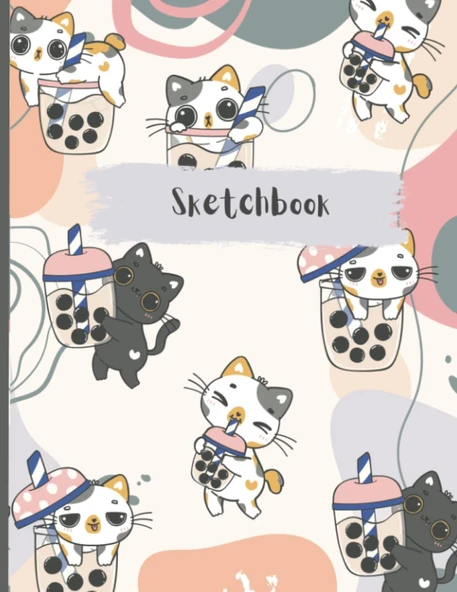Sketchbook Drawing Notebook With Colorful Kawaii Bubble Tea Cats / Sketchbook For Girls / 100 Pages 8.5X11 Inch / Doodling Coloring ürün görseli 1
