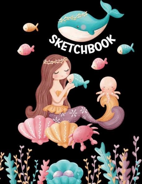 Mermaid Sketchbook : 120 Blank Pages For Drawing And Sketching, Black Cover And Sea Creatures For Lovers ürün görseli 1