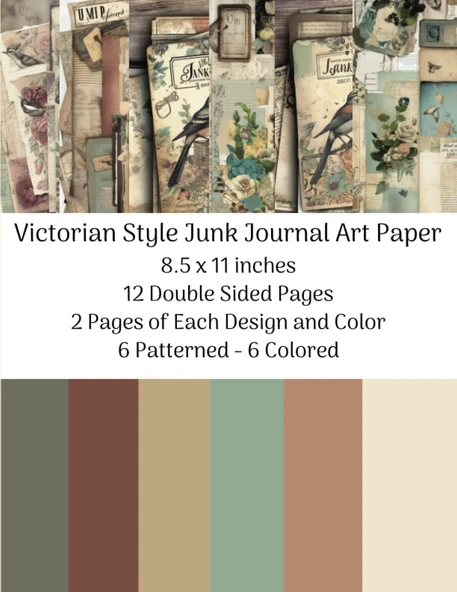 Independently Published Victorian Junk Journal Paper: 8.5 X 11 Inches 12 Double Sided Pages 2 Pages Of Each And Color 6 Patterned - 6 Colored ürün görseli 1