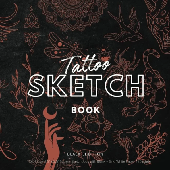 Tattoo Sketch Book: Black Eddition | Xxl Large 8,5” X 8,5” Square Sketchbook With Blank + Grid White Paper 120 Pages ürün görseli 1