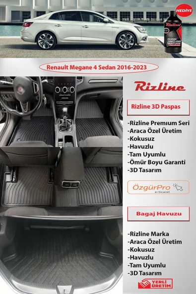 Rizline Premium Renault Megane 4 Sedan 2016-2023 3D Paspas ve Çift Cep Bagaj Havuzu ürün görseli 1