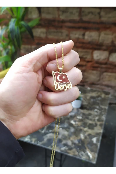 Gümüş Kişiye Özel İsimli Ay Yıldız Bayrak Kolye | 925 Ayar Gümüş | Altın Kaplama Sarı Renk ürün görseli 1