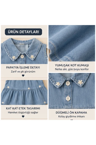 Kız Bebek Papatya İşlemeli Kot Elbise - Resim 2