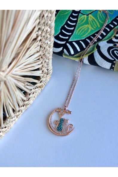 925 Ayar Gümüş Yıldızları Seyreden Kedi Tasarım Aşk Rose Gold Kolye ürün görseli 1