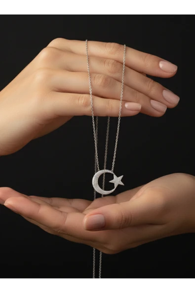 Gümüş Hilal Ay Yıldız Kolye | Türk Bayrağı Temalı | 925 Ayar Gümüş ürün görseli 1